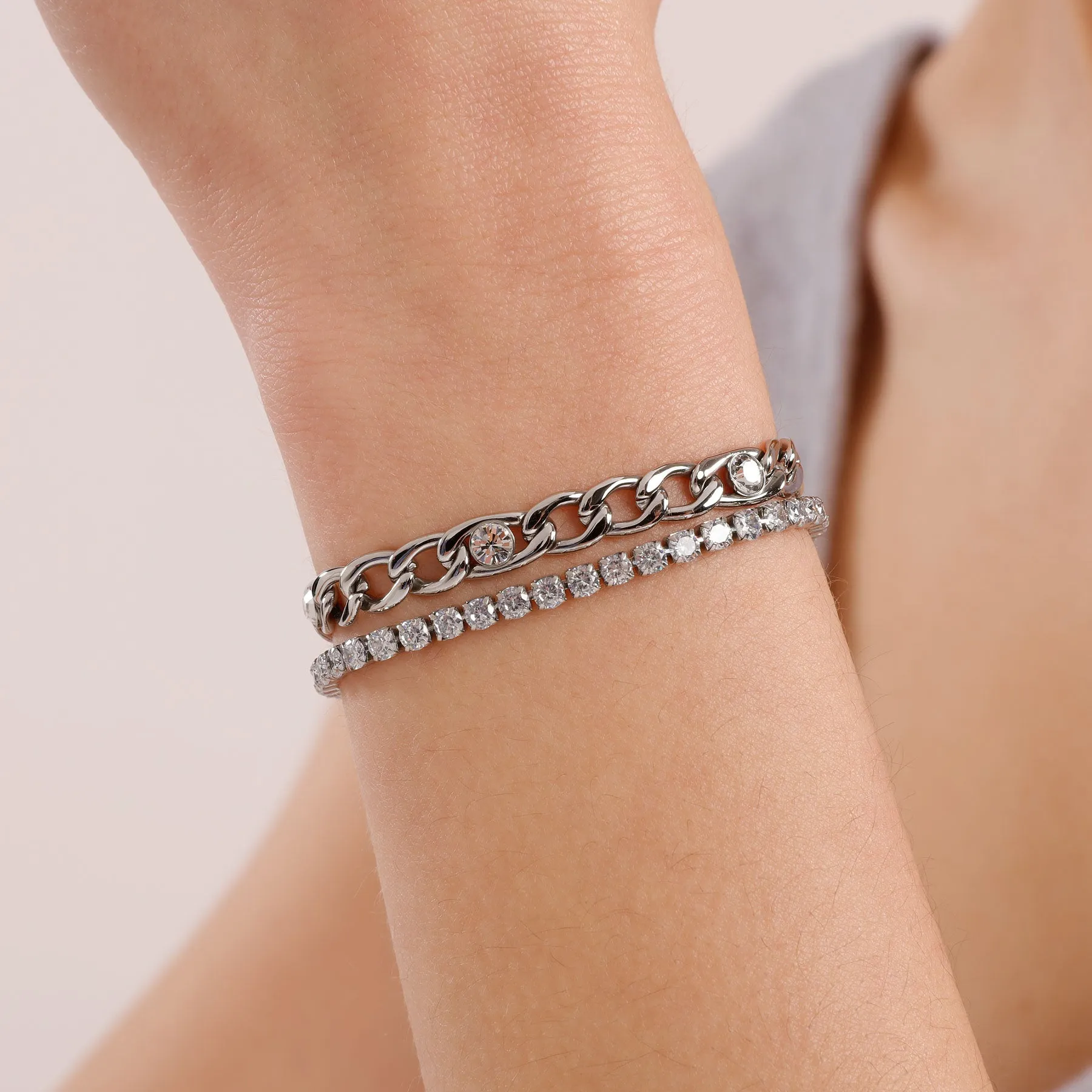 Cubic Zirconia Double Layer Chain Bracelet in Stainless Steel