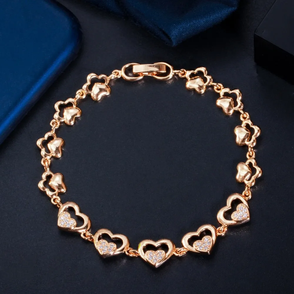 Cubic Zirconia Paved Setting - Gold Color Love Heart Shape Bracelet