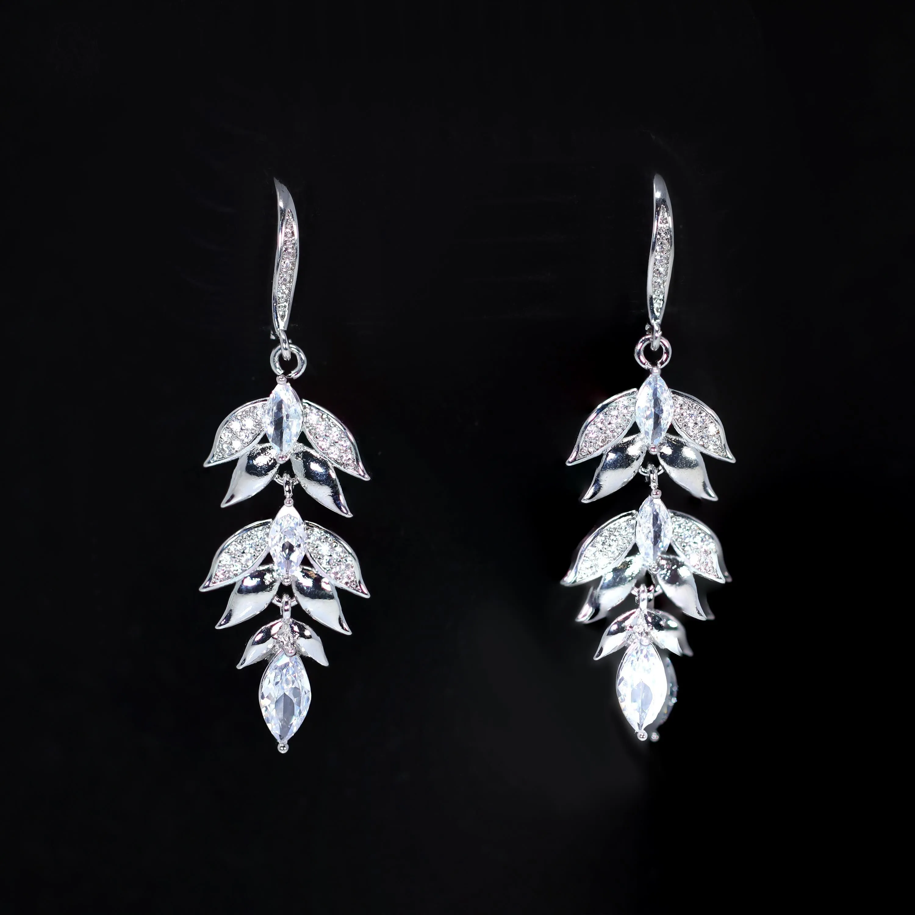 Cz Bunch Of Leaf Drop Earrings , Diamond Earrings, Long Bridal Jewelry, Bridal Earrings, Crystal Bridal Earrings, Statement Earrings