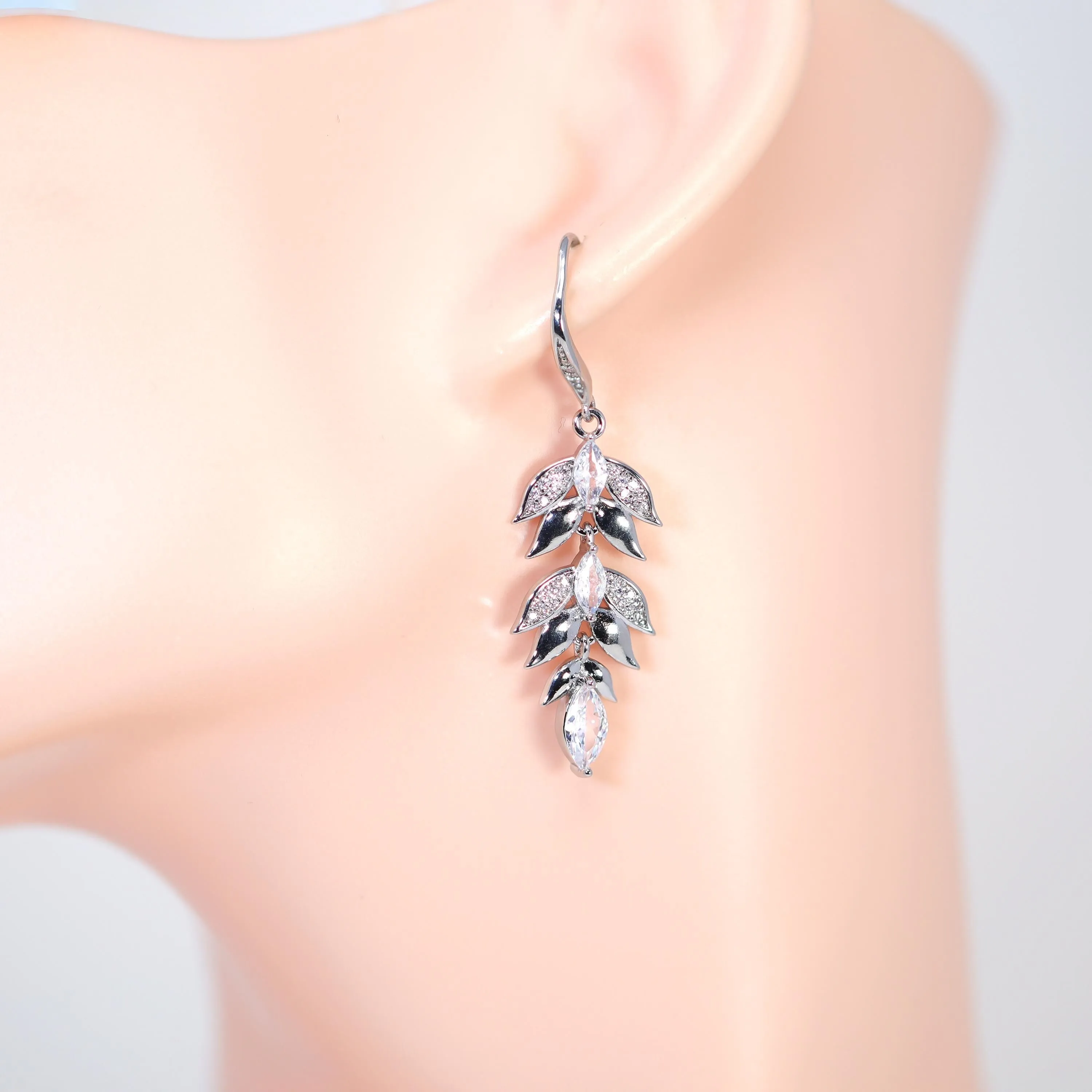 Cz Bunch Of Leaf Drop Earrings , Diamond Earrings, Long Bridal Jewelry, Bridal Earrings, Crystal Bridal Earrings, Statement Earrings