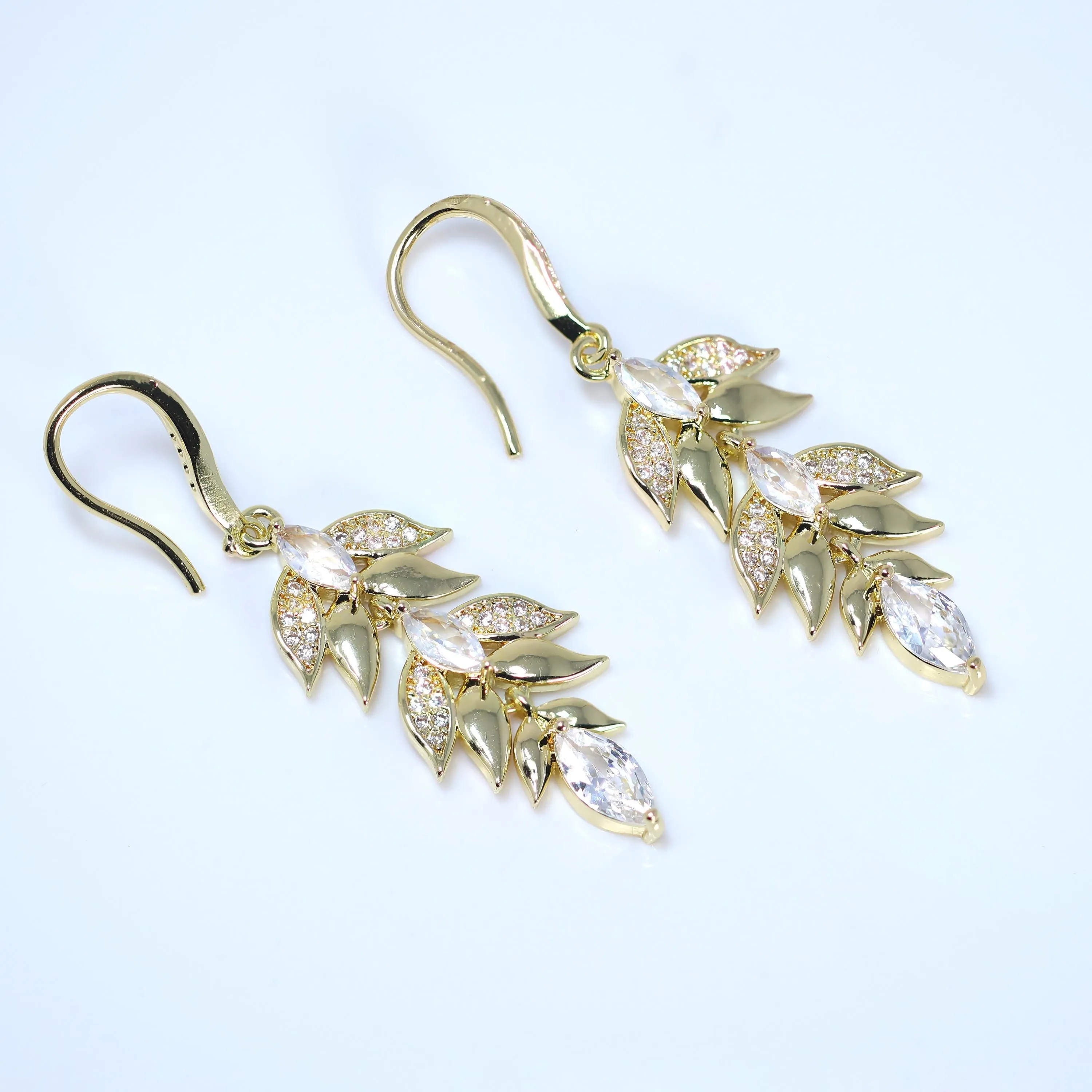 Cz Bunch Of Leaf Drop Earrings , Diamond Earrings, Long Bridal Jewelry, Bridal Earrings, Crystal Bridal Earrings, Statement Earrings