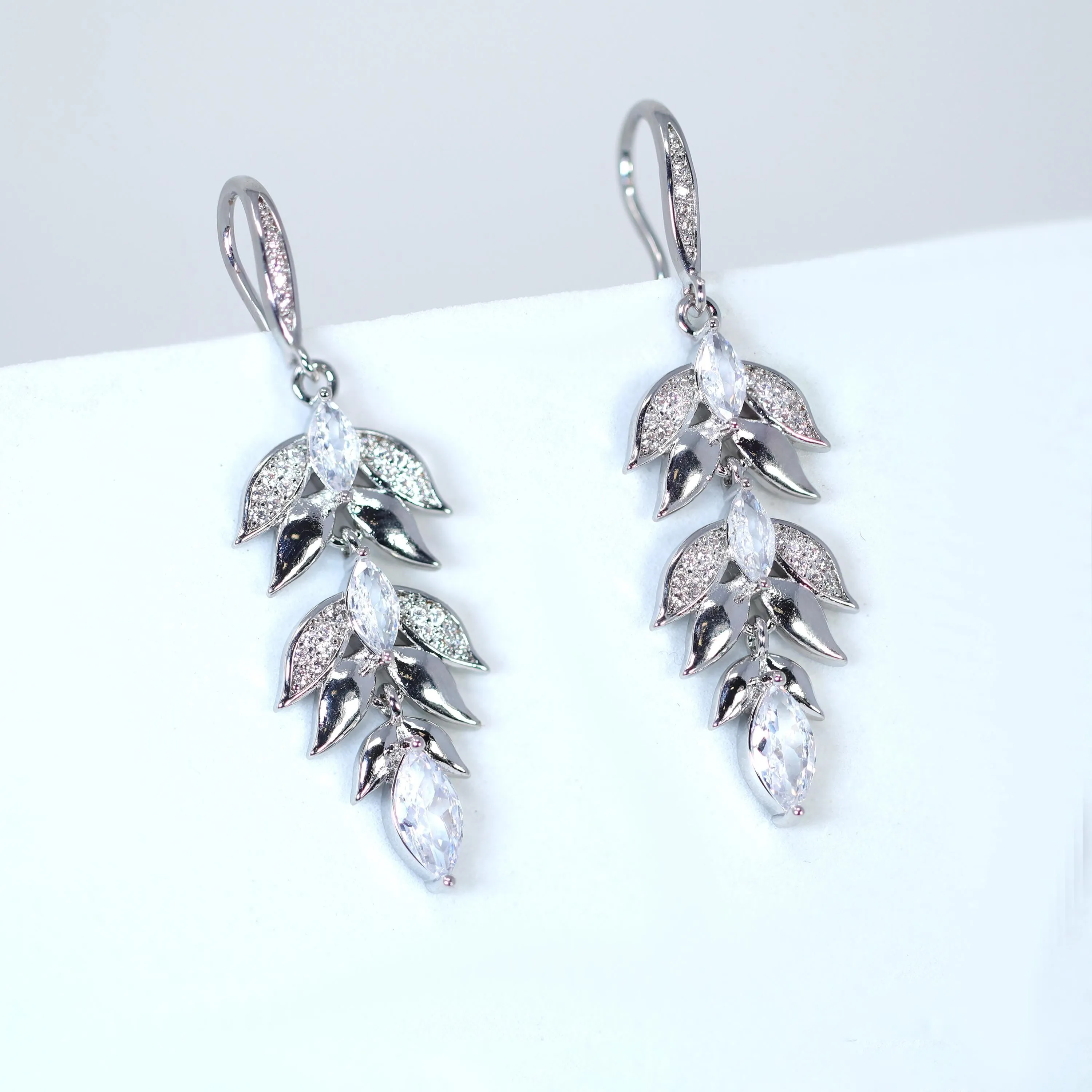 Cz Bunch Of Leaf Drop Earrings , Diamond Earrings, Long Bridal Jewelry, Bridal Earrings, Crystal Bridal Earrings, Statement Earrings