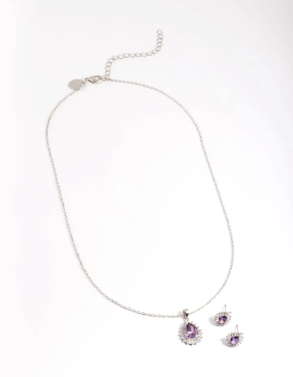 Diamond Simulant Silver Amethyst Teardrop Earring & Necklace