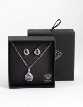 Diamond Simulant Silver Amethyst Teardrop Earring & Necklace