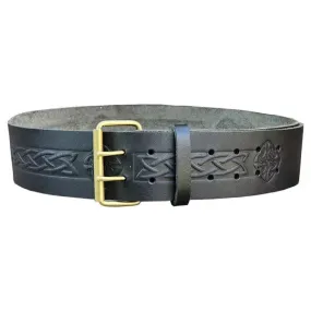 Double Prong Swirl Embossed Black Leather Kilt Belt