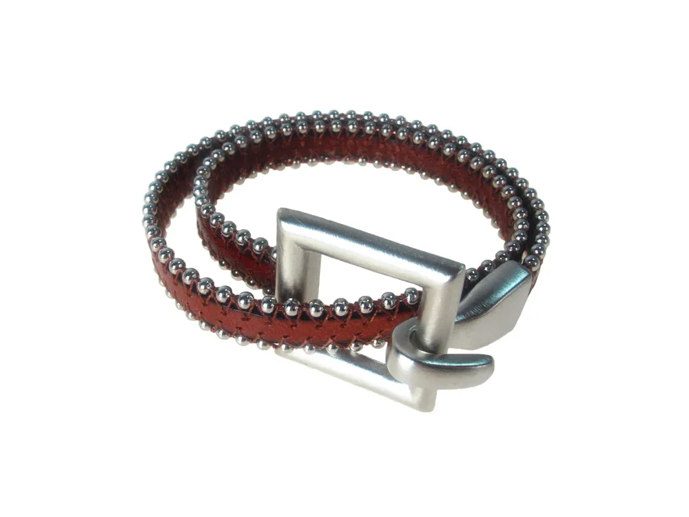 Double Wrap Beaded Leather Bracelet with Square Clasp