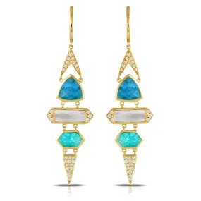 Doves 18K Yellow Gold Drop Earrings with Diamonds, Clear Quartz over Apatite, Clear Quartz over MOP and Clear Quartz over Amazonite