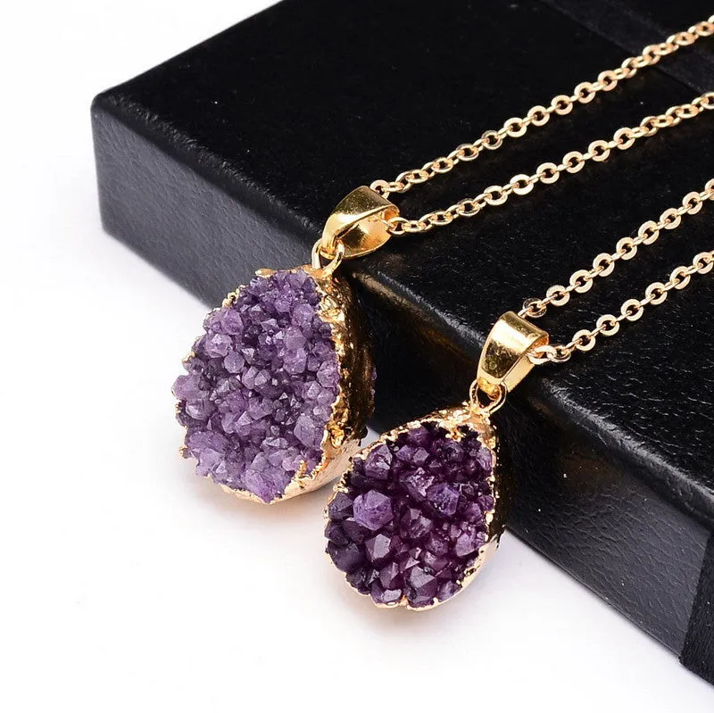 Druzy Quartz Natural Stone Irregular Geode Amethyst 18K Gold Plated Raw Stone Pendant Necklace For Women Quartz Necklace