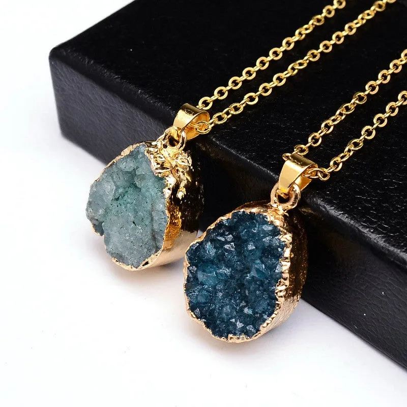 Druzy Quartz Natural Stone Irregular Geode Amethyst 18K Gold Plated Raw Stone Pendant Necklace For Women Quartz Necklace