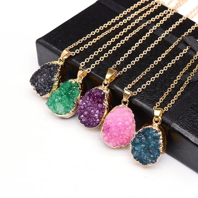 Druzy Quartz Natural Stone Irregular Geode Amethyst 18K Gold Plated Raw Stone Pendant Necklace For Women Quartz Necklace