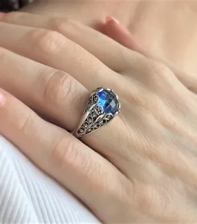 Elegant Azure: Blue Quartz Sterling Silver Filigree Cocktail Ring