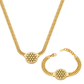 Elegant Titanium Steel Flower of Life Jewelry Set with Multi-layer Chain