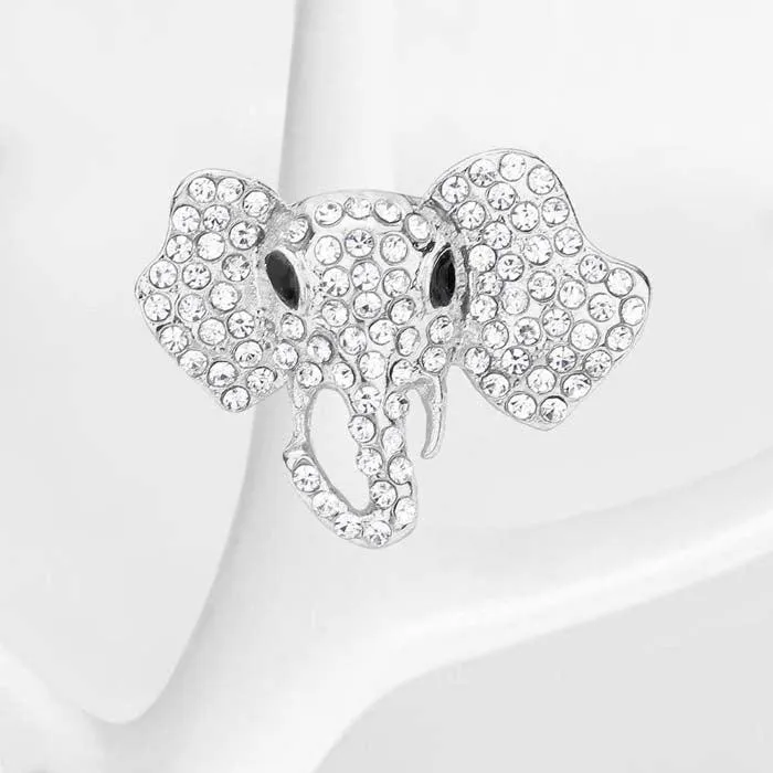 Elephant Clear Rhinestone Silver Stretch Ring