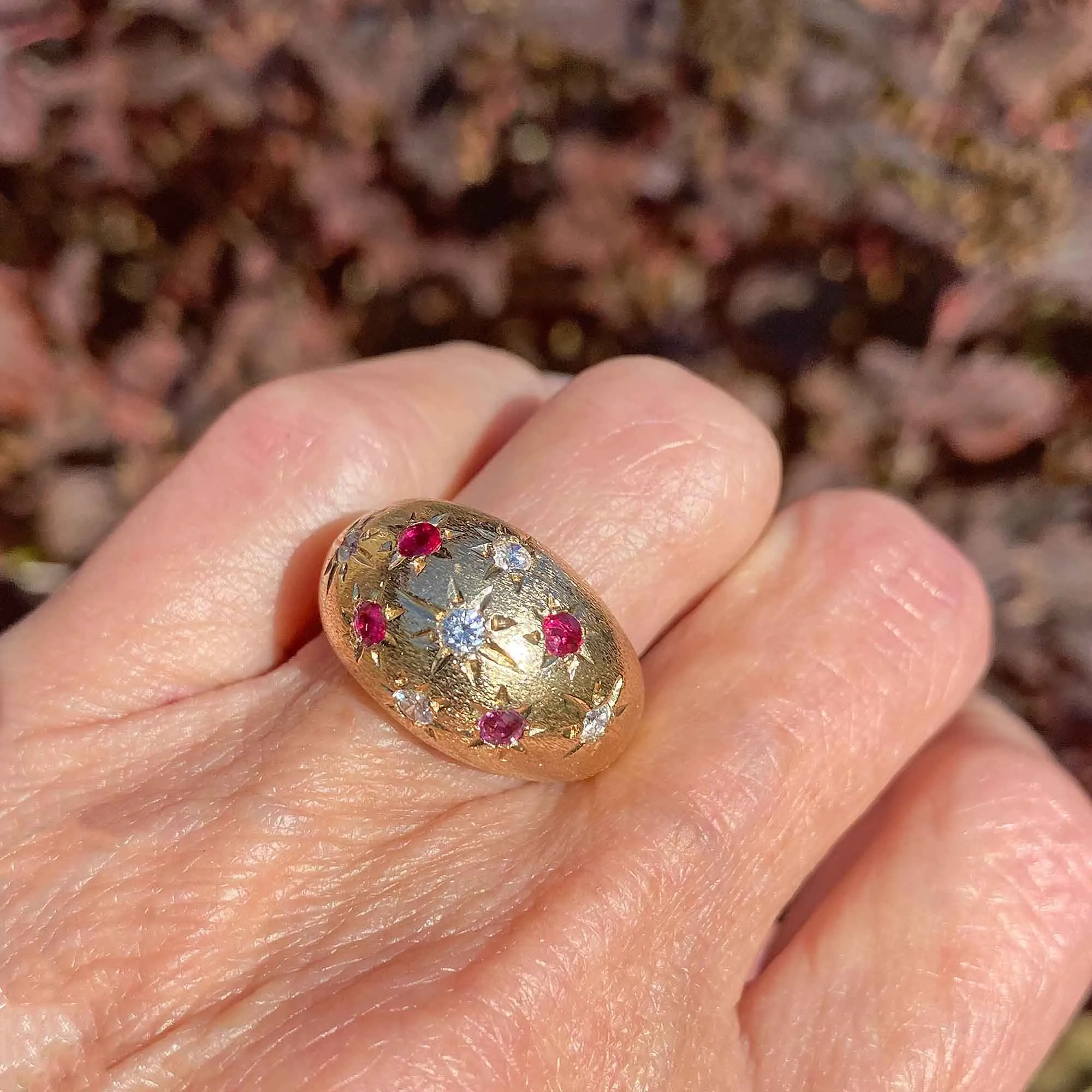 Estate Diamond & Ruby Heavy 14K Gold Dome Ring