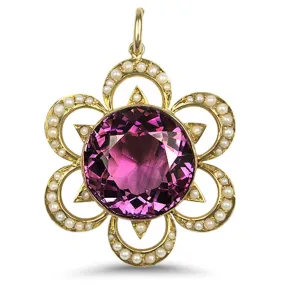 Estate Edwardian 15k Yellow Gold Amethyst and Pearl Pendant