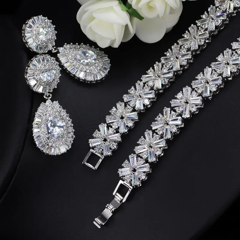 Exclusive Luxury AAA  Cubic Zirconia Diamonds Necklace Earring Bracelet Bridal Jewelry Set - Best Seller