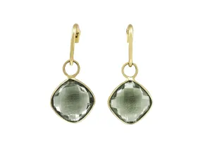 Faceted Cushion Shaped Green Amethyst Drop Earrings - 18ct Yellow Gold