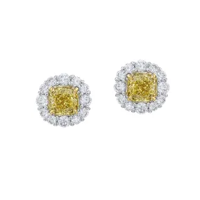 Fancy Yellow Radiant-cut and White Diamond Halo Stud Earrings