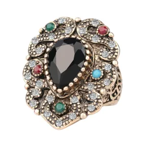 Fashion Vintage Engagement Rings Black Water Drops Resin Mosaic AAA Crystal plated Ancient Gold Jewelry