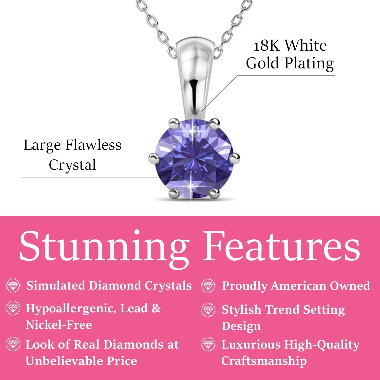 February Birthstone Amethyst Necklace 18k White Gold Plated Solitaire Necklace with 1CT Swarovski Crystal