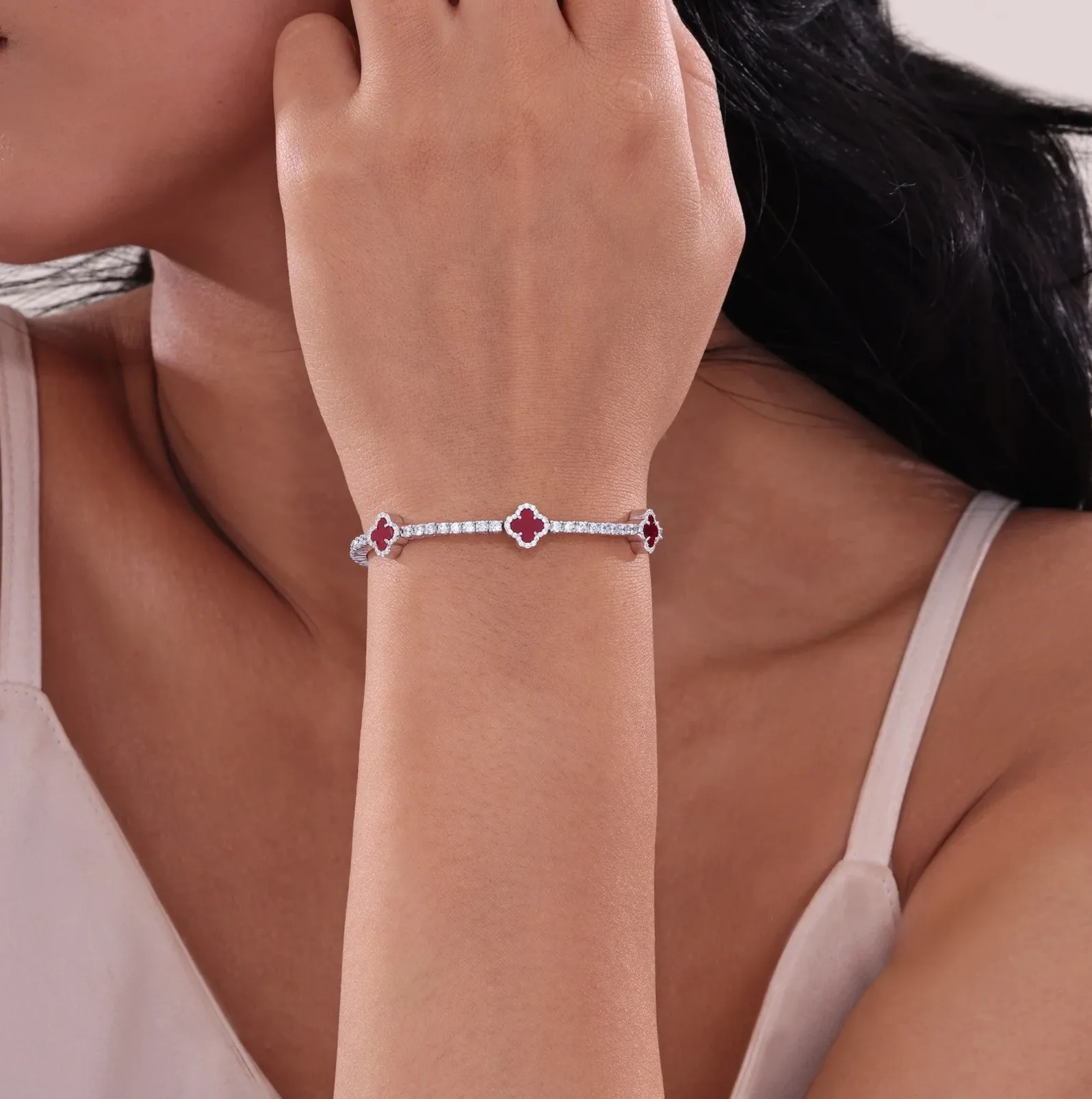 Flexible Station Tennis Bracelet - Red Agate/Silver