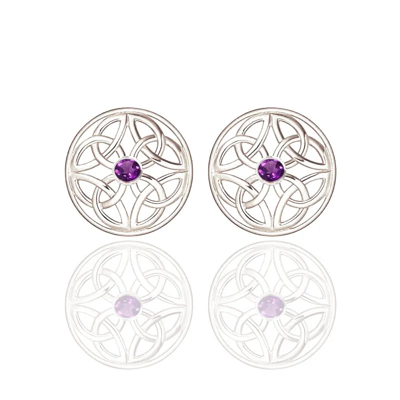 Four Trinity Celtic Knot Eternal Amethyst Round Stud Earrings