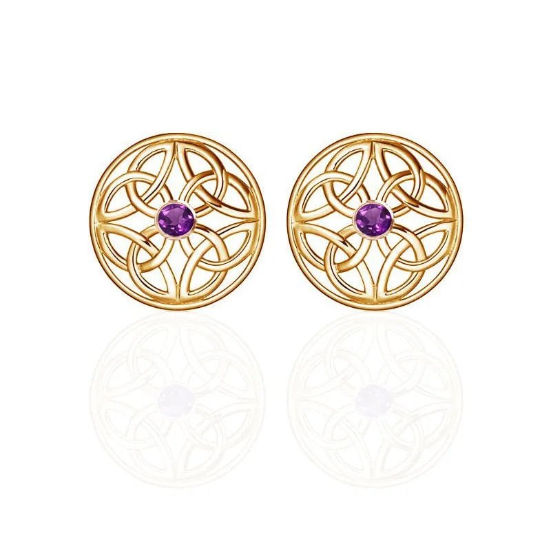 Four Trinity Celtic Knot Eternal Amethyst Round Stud Earrings