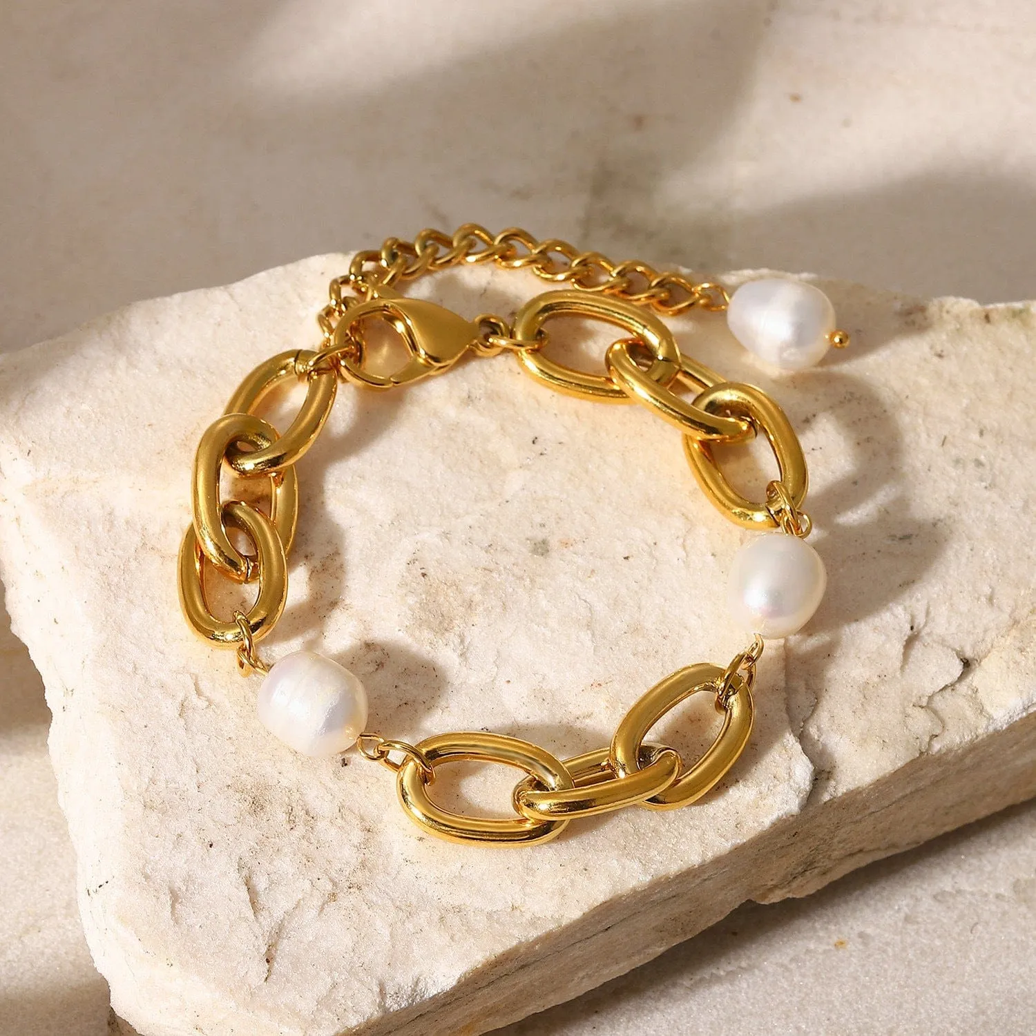 Freshwater Pearl 12mm Chain 18K Gold-Plated Bracelet