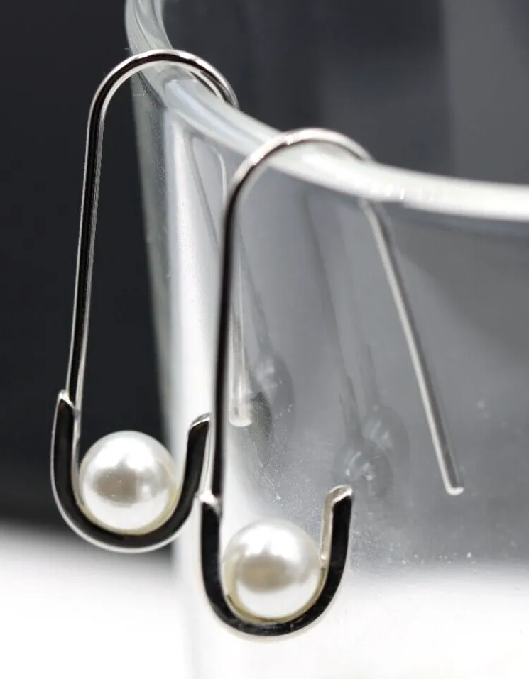 Genuine 925 Sterling Silver Pearl Lock Safety Pin Clip On Earrings