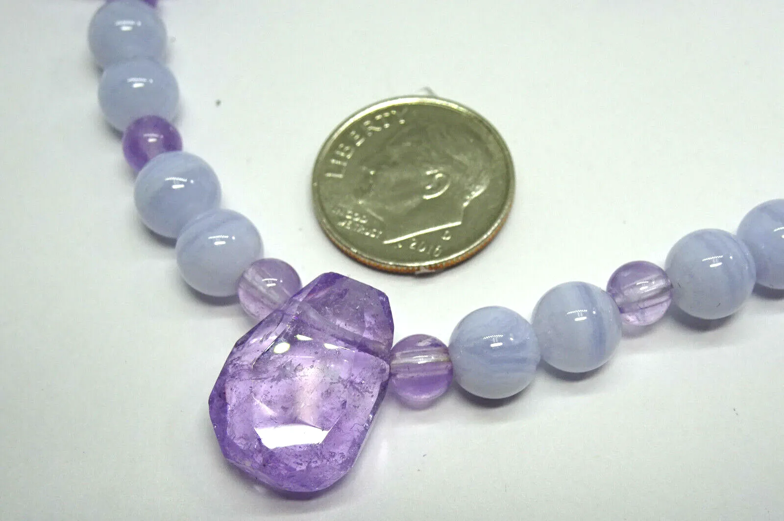 Genuine Amethyst & Blue Lace Agate Bead Necklace w/ 14K Clasp, 36", 70.5g