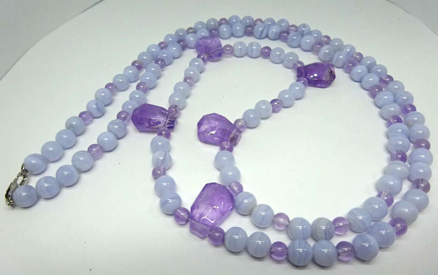 Genuine Amethyst & Blue Lace Agate Bead Necklace w/ 14K Clasp, 36", 70.5g