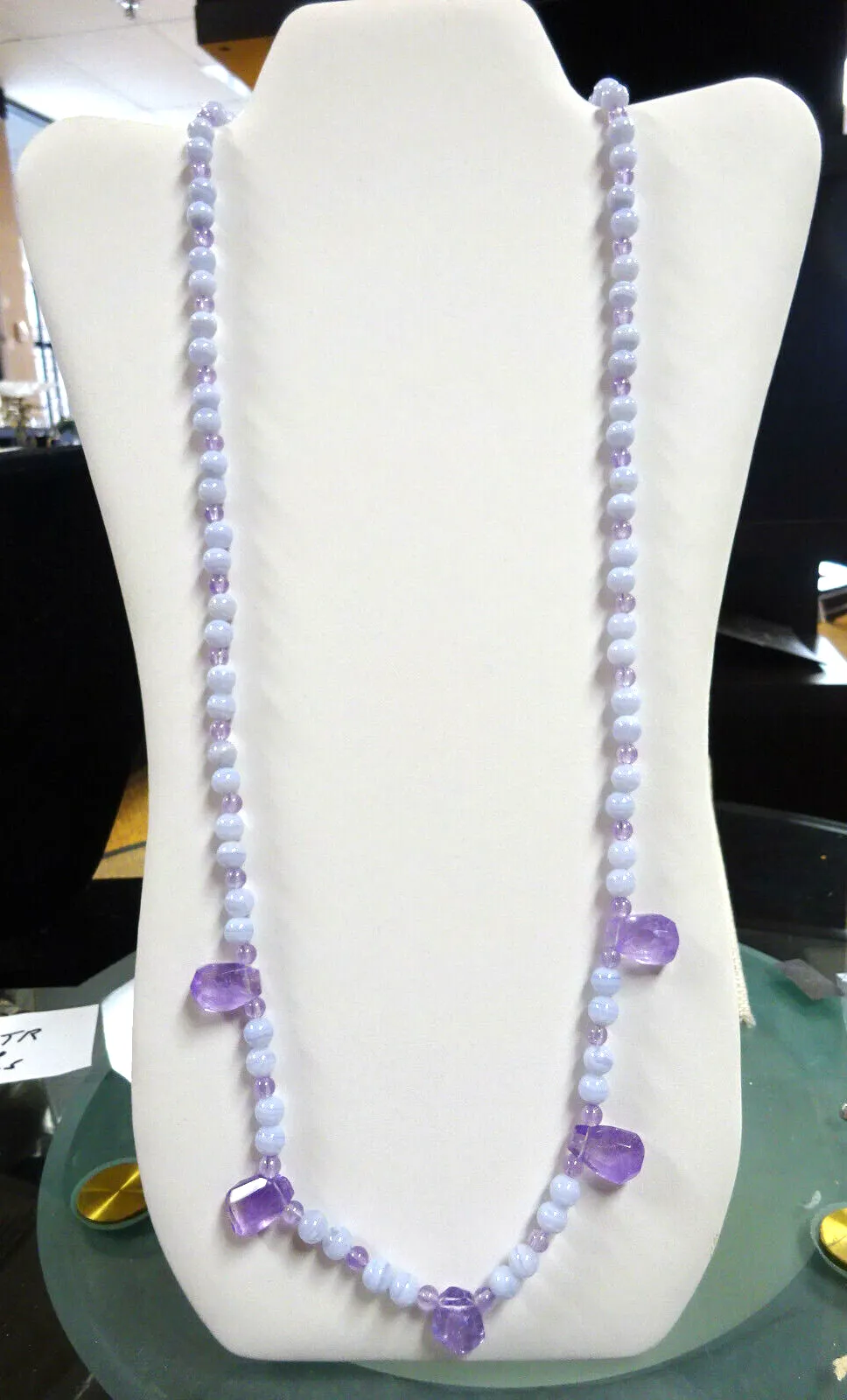 Genuine Amethyst & Blue Lace Agate Bead Necklace w/ 14K Clasp, 36", 70.5g