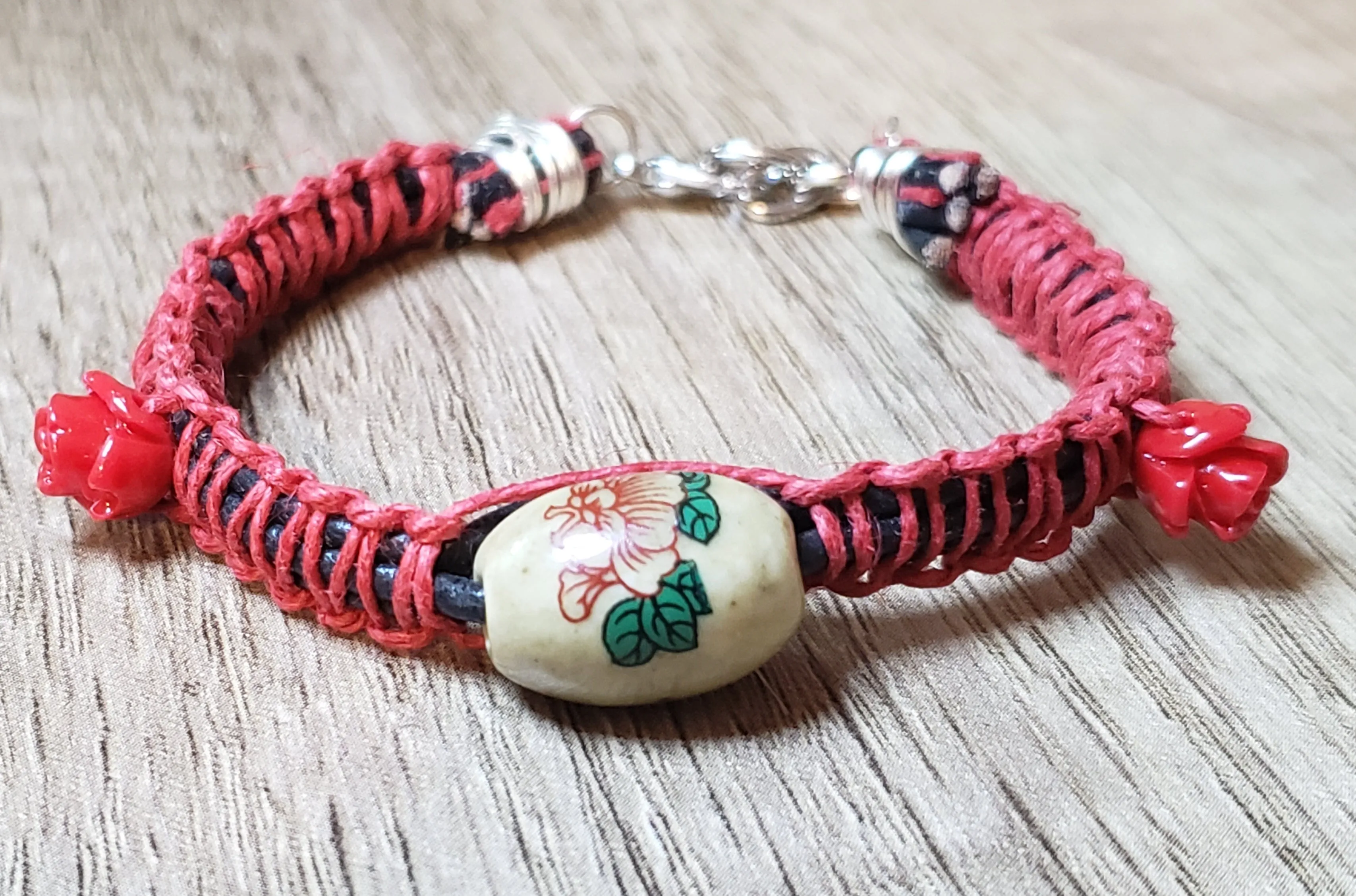 Genuine Black Leather & Red Hemp Bracelet with Oriental Bead. Stainless Steel Adjustable Chain & Lobster Claw Clasp 