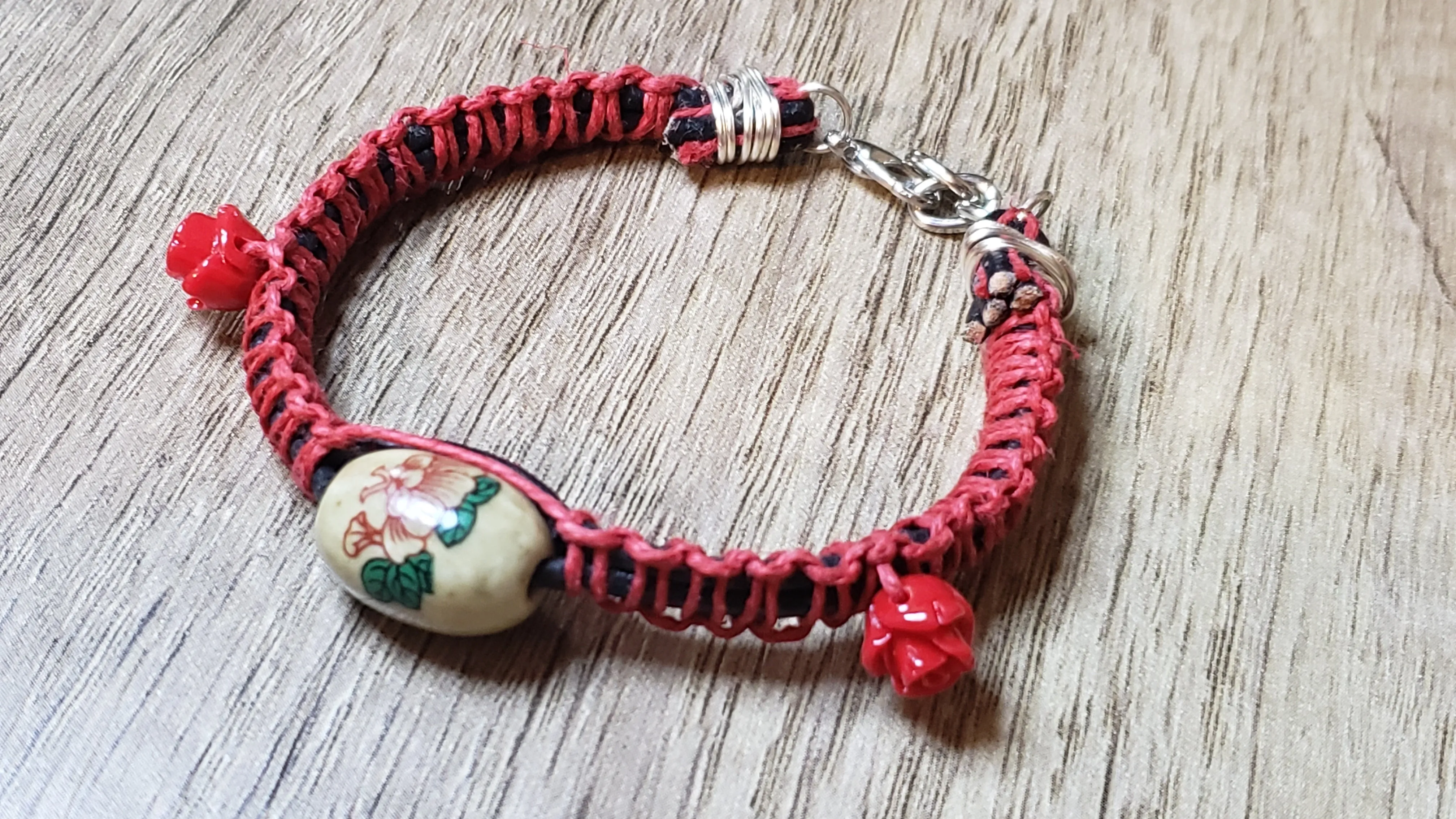 Genuine Black Leather & Red Hemp Bracelet with Oriental Bead. Stainless Steel Adjustable Chain & Lobster Claw Clasp 