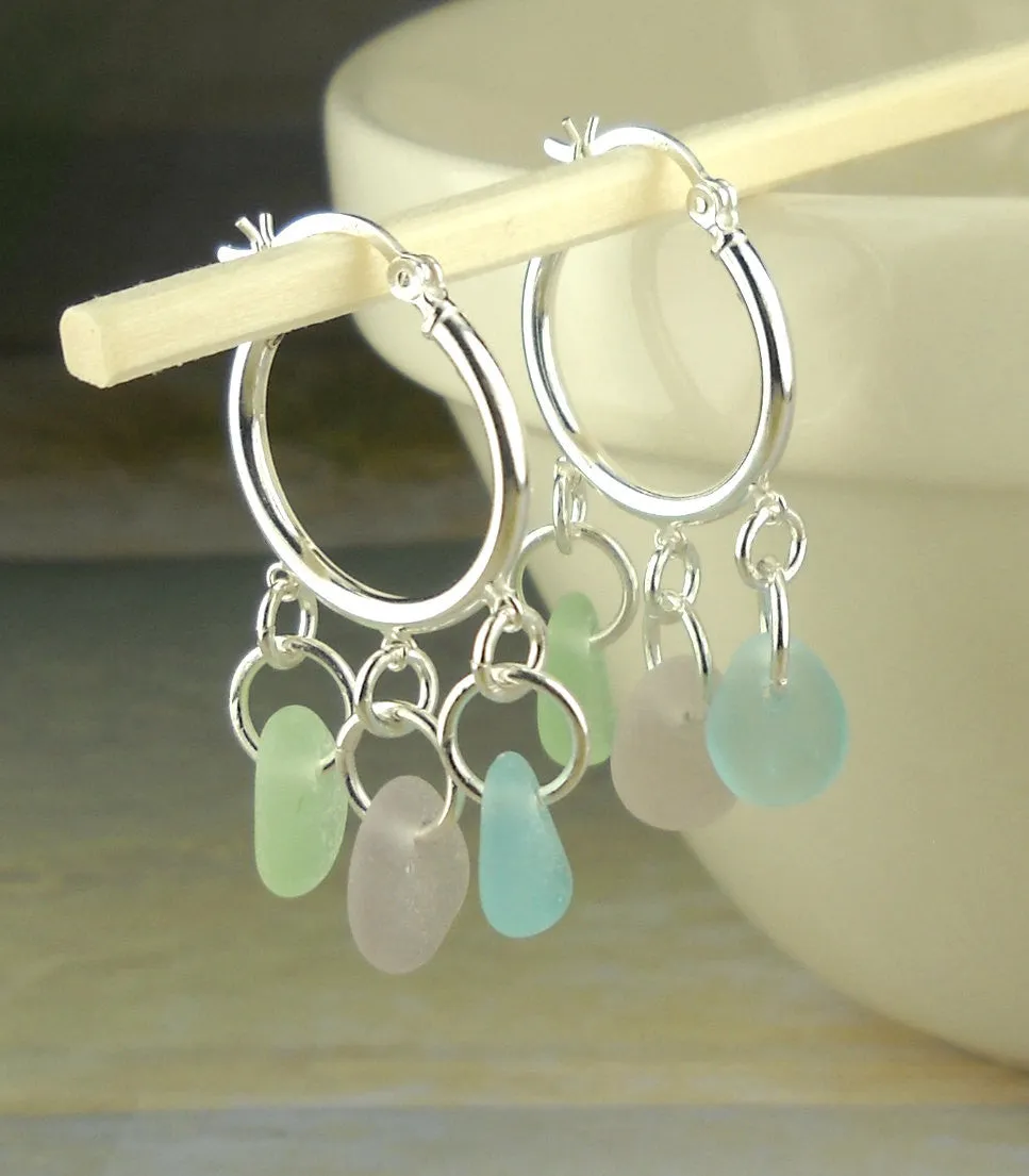 Genuine Sea Glass Earrings Sterling Silver Hoop Earrings With Rare Pastels