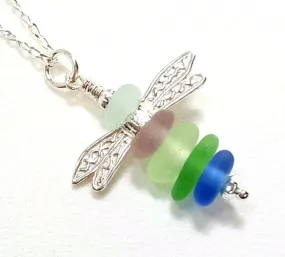 GENUINE Sea Glass Necklace Dragonfly Jewelry Sterling Silver