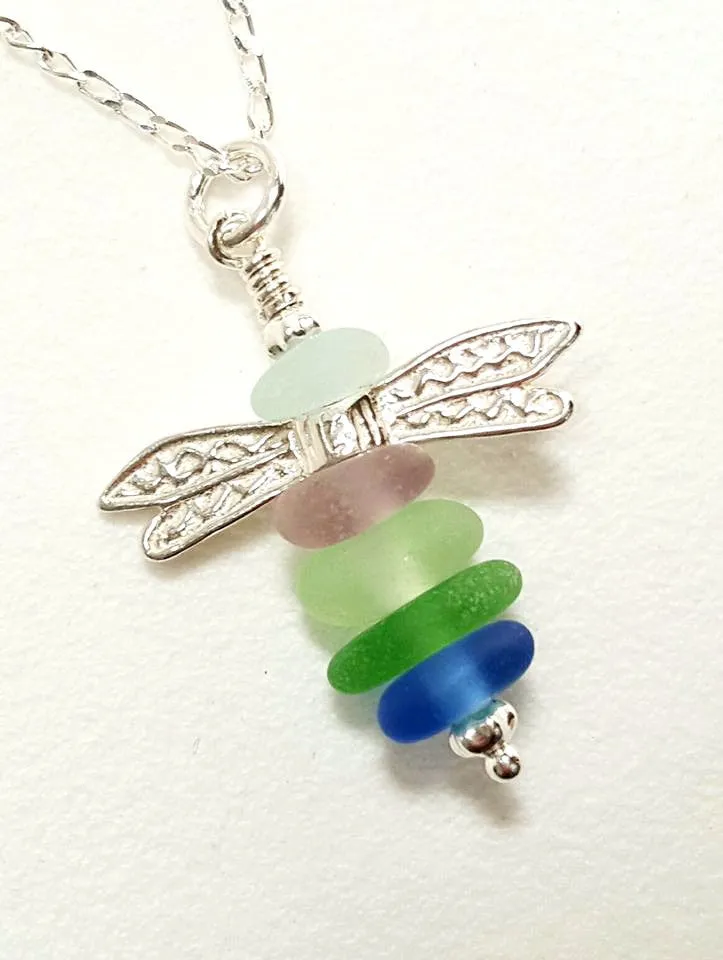 GENUINE Sea Glass Necklace Dragonfly Jewelry Sterling Silver