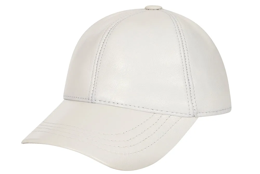 Genuine White Leather Baseball Cap - Curve Peak