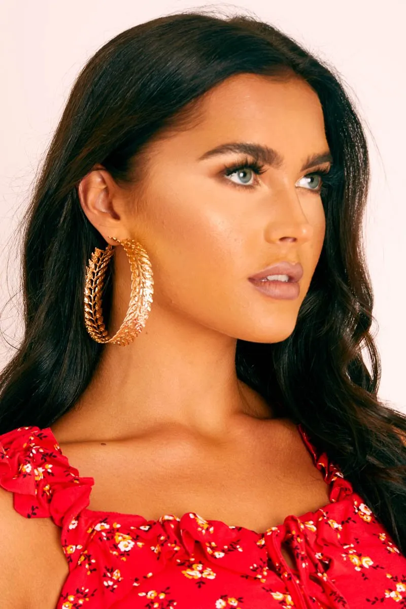 Gold Leaf Design Hoop Earrings - Roxi