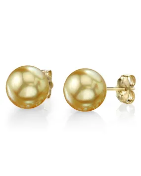 Golden South Sea Round Pearl Stud Earrings, 7.0-8.0mm