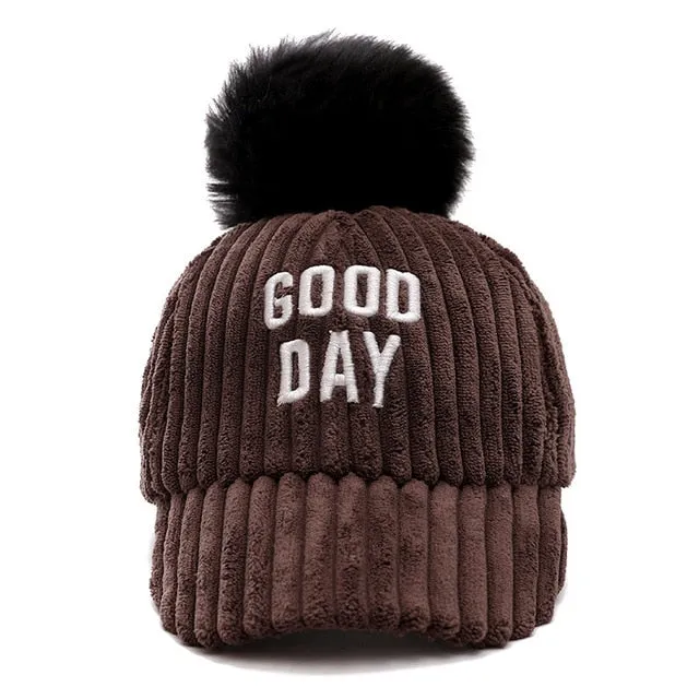 Good Day Letter Pompoms Casual Flannel Warm Cap