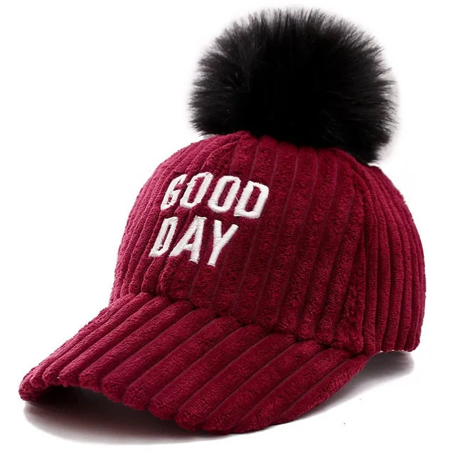 Good Day Letter Pompoms Casual Flannel Warm Cap