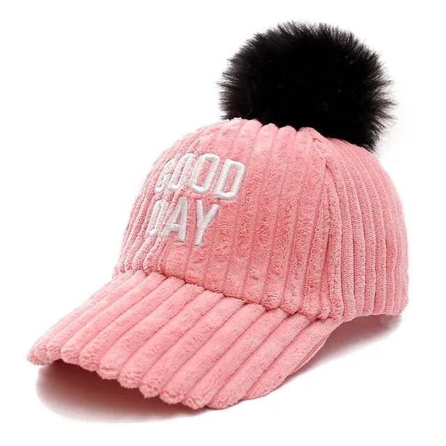 Good Day Letter Pompoms Casual Flannel Warm Cap