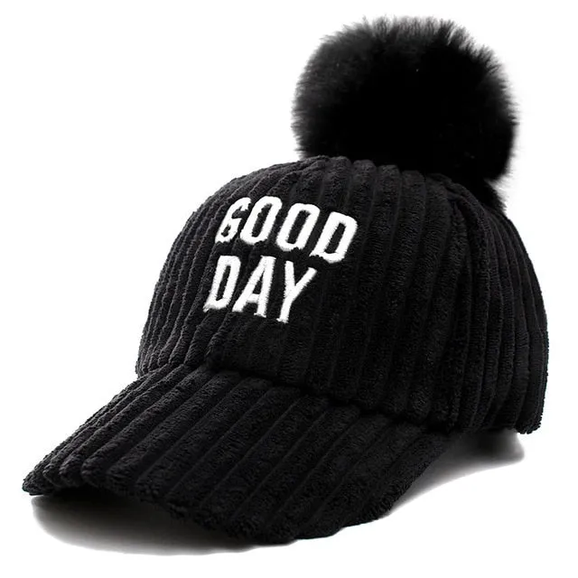 Good Day Letter Pompoms Casual Flannel Warm Cap