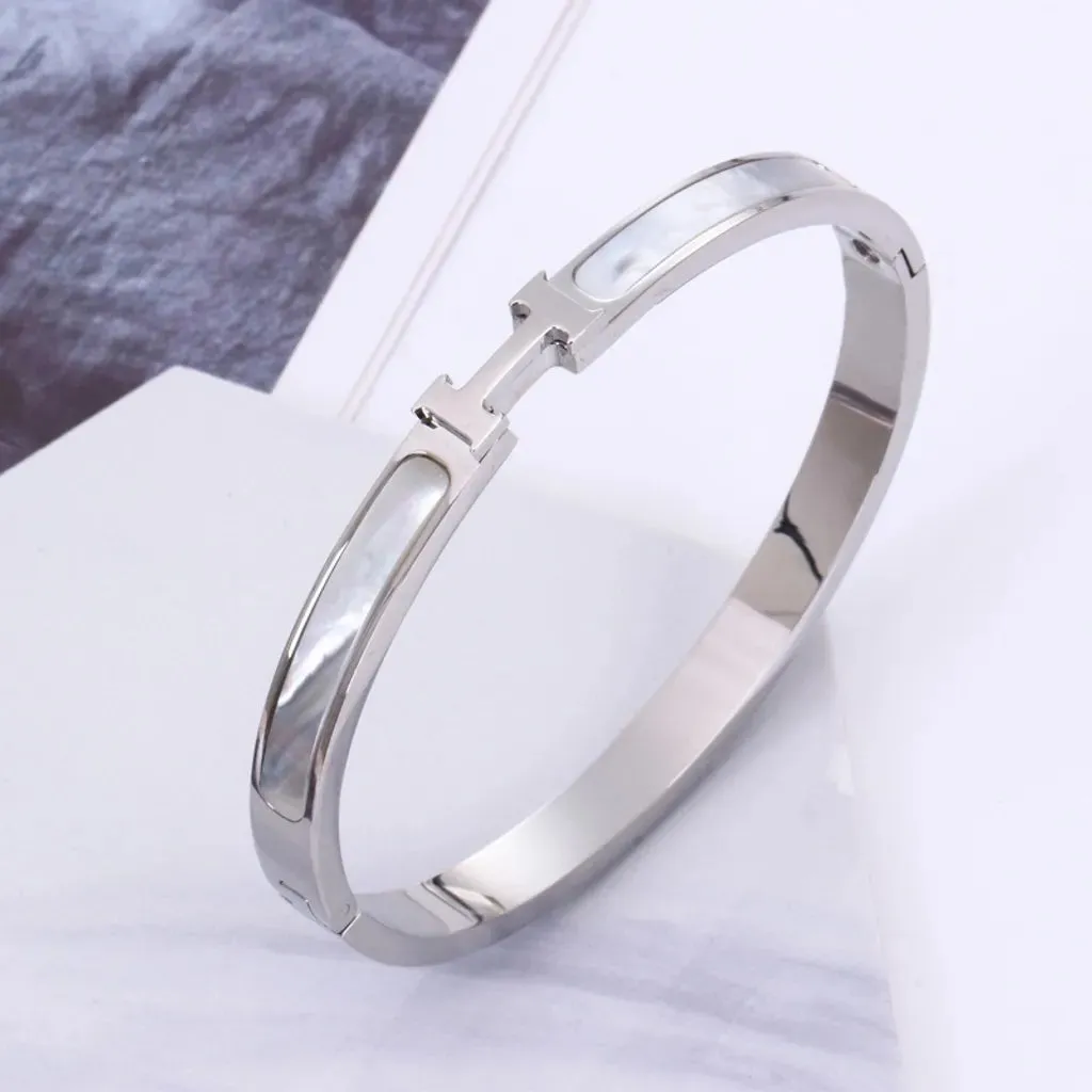 H Mother of Pearl Bangle Bracelet Stainless Steel, 17cm