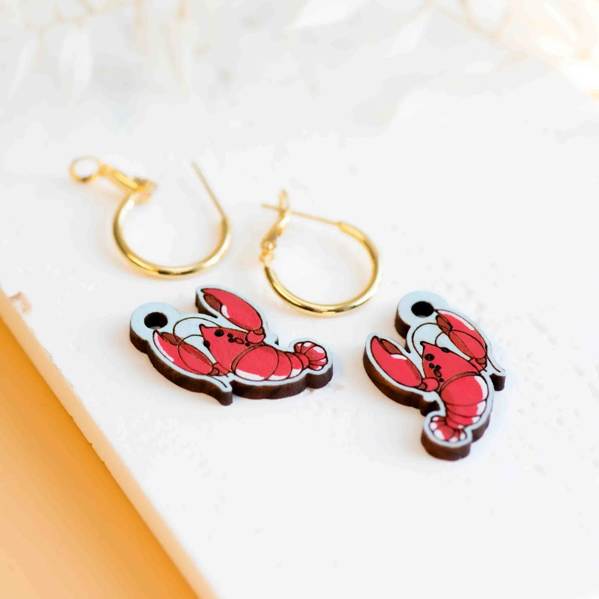 Hand-Painted Lobster Wooden Hoop Earrings - PES13065H