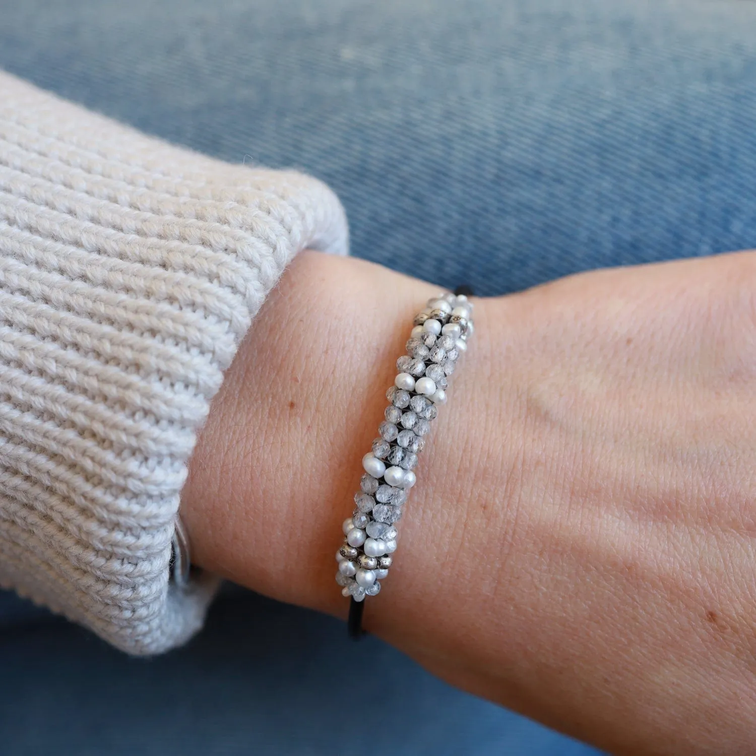 Hand Stitched White Zircon, Pearl & Hill Tribe Silver Bracelet