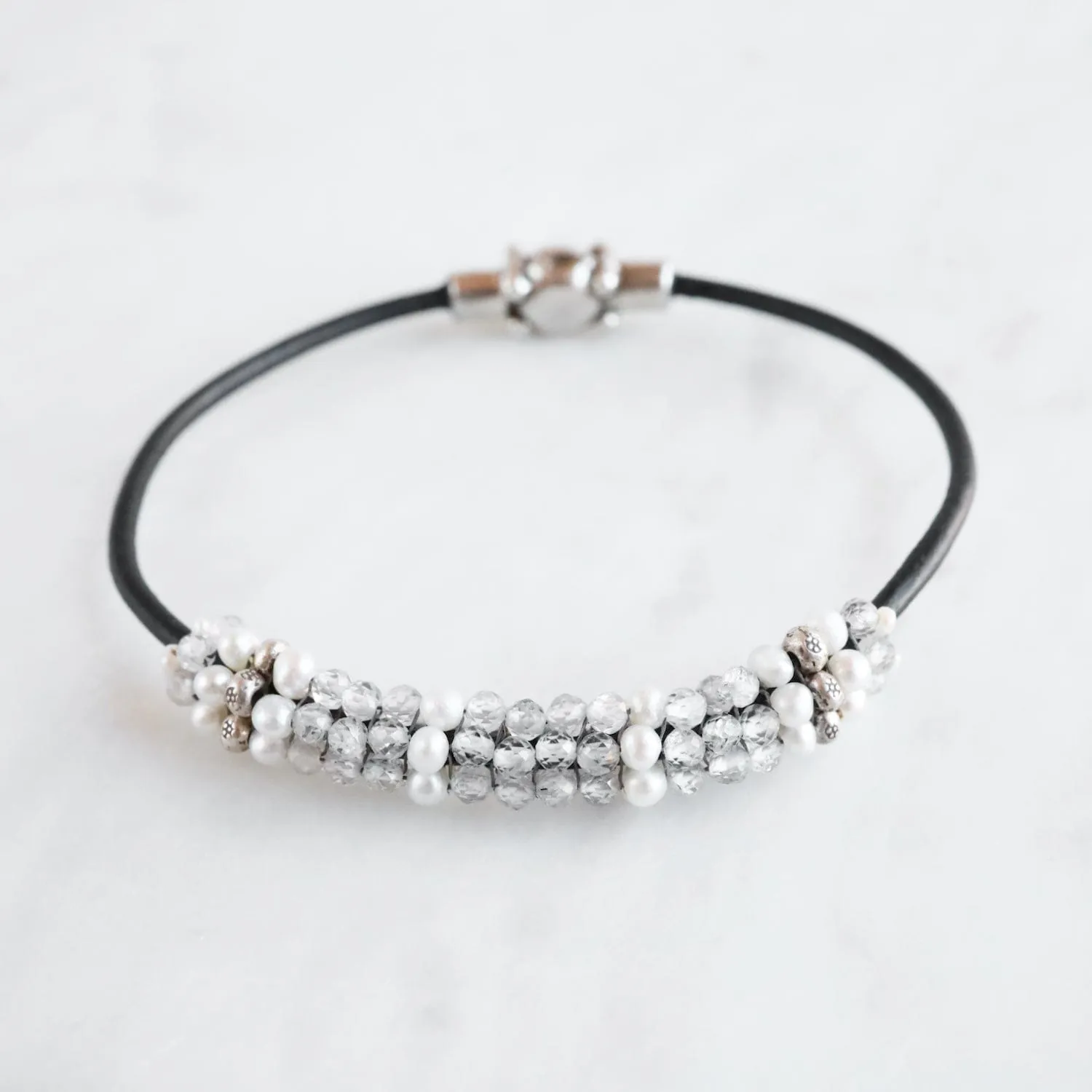 Hand Stitched White Zircon, Pearl & Hill Tribe Silver Bracelet