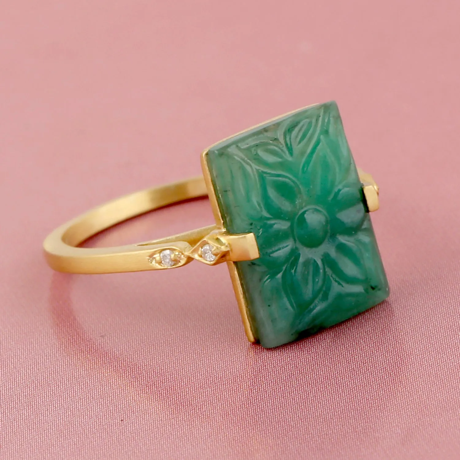 Handcarved Floral Emerald Pave Diamond Cocktail Ring Jewelry In 18k Yellow Gold