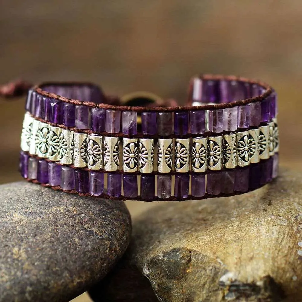 Handmade Amethyst Antique Statement Wristband Bracelet | Bohemian Vegan Jewelry